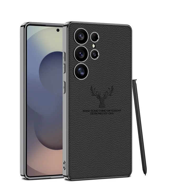 Samsung Galaxy S25 Ultra Deer Leather Case, Premium Designer Case Regal Stag Deer Electroplated Leather Case - Purple